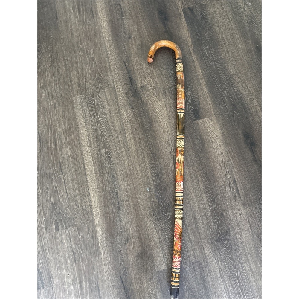 Vintage Hand Painted Folk Art Walking Stick Cane Figural Geometric Wood 37.5"